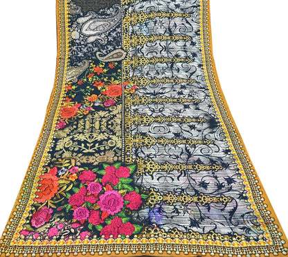 Indian Vintage Saree Gray & Black Pure Satin Silk Digital hand beaded Printed Sari 6yd Sewing Soft Craft Fabric Dress Making Crafting