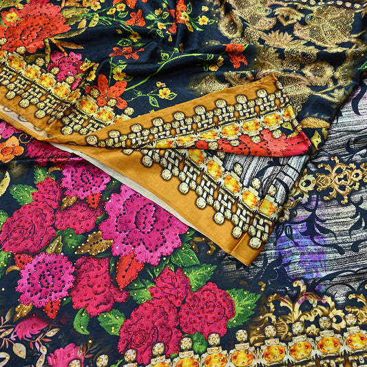 Indian Vintage Saree Gray & Black Pure Satin Silk Digital hand beaded Printed Sari 6yd Sewing Soft Craft Fabric Dress Making Crafting