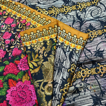 Indian Vintage Saree Gray & Black Pure Satin Silk Digital hand beaded Printed Sari 6yd Sewing Soft Craft Fabric Dress Making Crafting