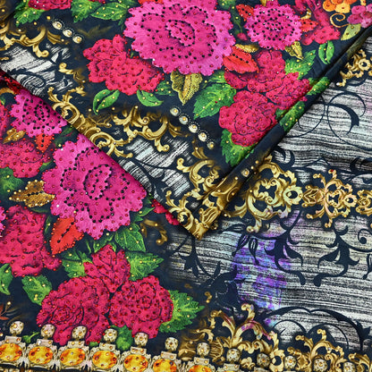 Indian Vintage Saree Gray & Black Pure Satin Silk Digital hand beaded Printed Sari 6yd Sewing Soft Craft Fabric Dress Making Crafting