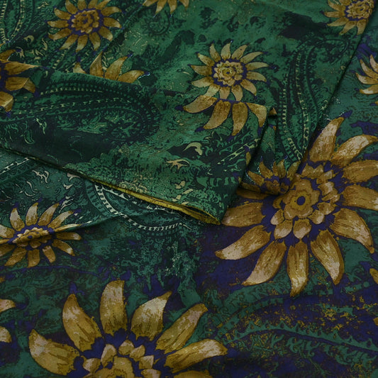 Indian Vintage Sari Green 100% Pure Georgette Silk Printed Sarees Sewing 5yd Craft Soft Dress Designing for Crafting Floral Quilting Upcycle