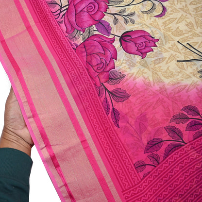 Indian Women Vintage Sari Beige & Pink Blend Georgette Printed Sarees Sewing 5yd Soft Craft Floral Wrap Boho Zari