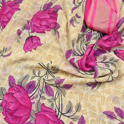 Indian Women Vintage Sari Beige & Pink Blend Georgette Printed Sarees Sewing 5yd Soft Craft Floral Wrap Boho Zari