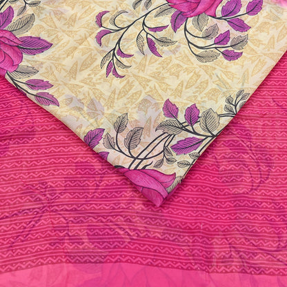 Indian Women Vintage Sari Beige & Pink Blend Georgette Printed Sarees Sewing 5yd Soft Craft Floral Wrap Boho Zari
