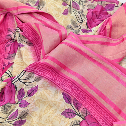 Indian Women Vintage Sari Beige & Pink Blend Georgette Printed Sarees Sewing 5yd Soft Craft Floral Wrap Boho Zari