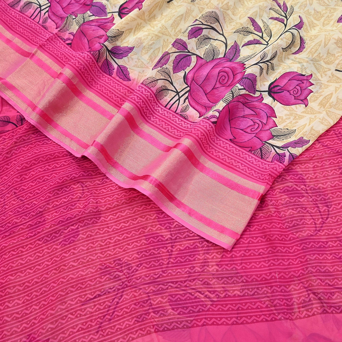 Indian Women Vintage Sari Beige & Pink Blend Georgette Printed Sarees Sewing 5yd Soft Craft Floral Wrap Boho Zari