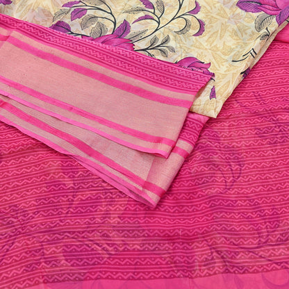 Indian Women Vintage Sari Beige & Pink Blend Georgette Printed Sarees Sewing 5yd Soft Craft Floral Wrap Boho Zari