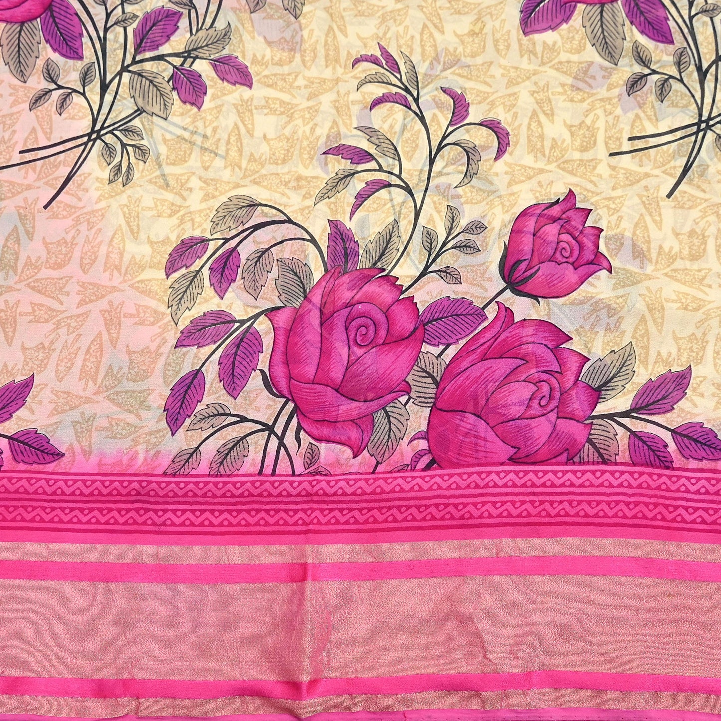 Indian Women Vintage Sari Beige & Pink Blend Georgette Printed Sarees Sewing 5yd Soft Craft Floral Wrap Boho Zari