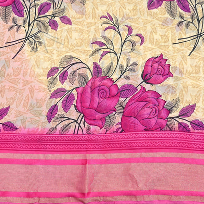 Indian Women Vintage Sari Beige & Pink Blend Georgette Printed Sarees Sewing 5yd Soft Craft Floral Wrap Boho Zari
