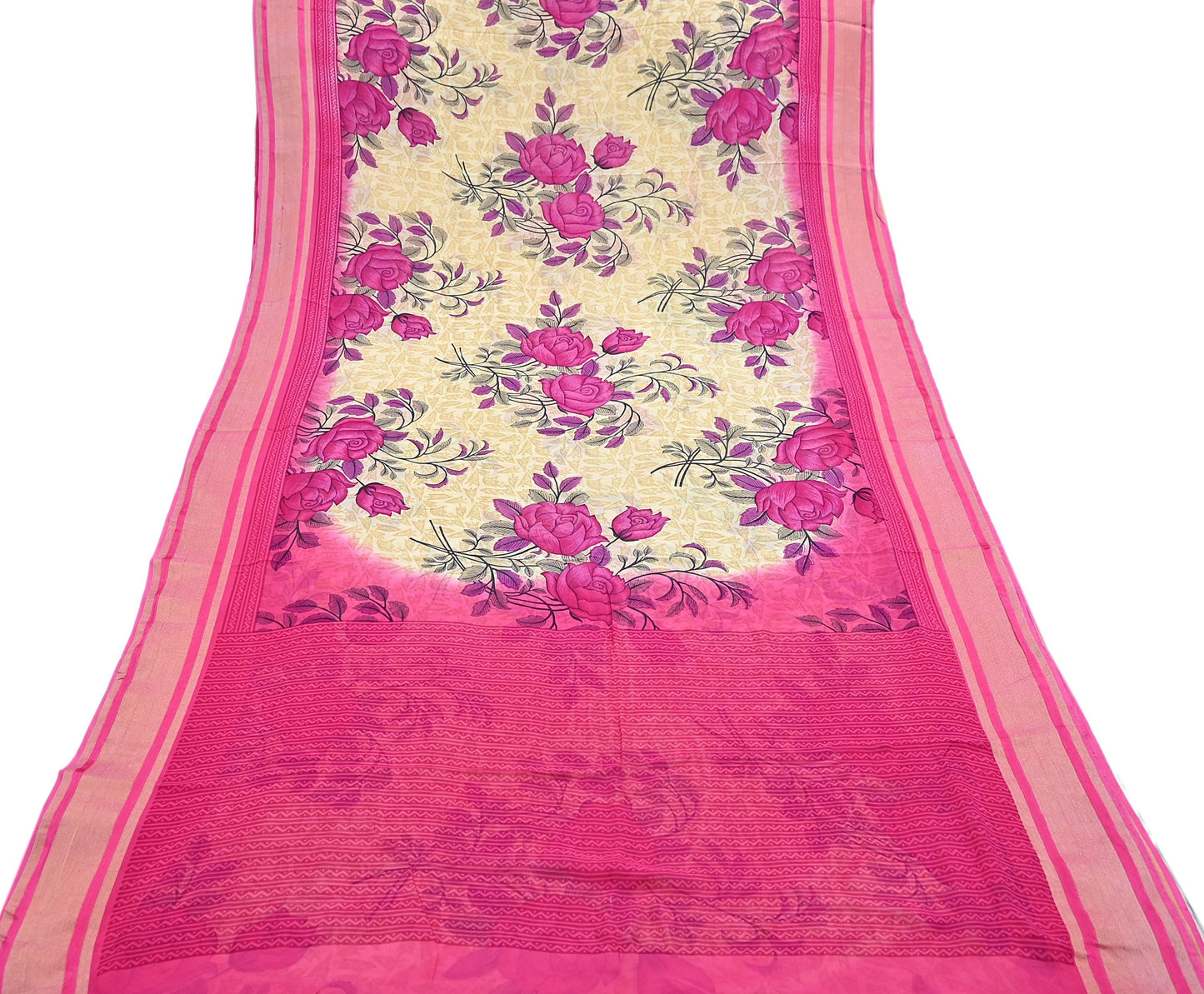 Indian Women Vintage Sari Beige & Pink Blend Georgette Printed Sarees Sewing 5yd Soft Craft Floral Wrap Boho Zari