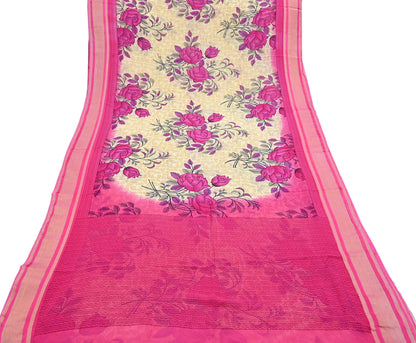 Indian Women Vintage Sari Beige & Pink Blend Georgette Printed Sarees Sewing 5yd Soft Craft Floral Wrap Boho Zari