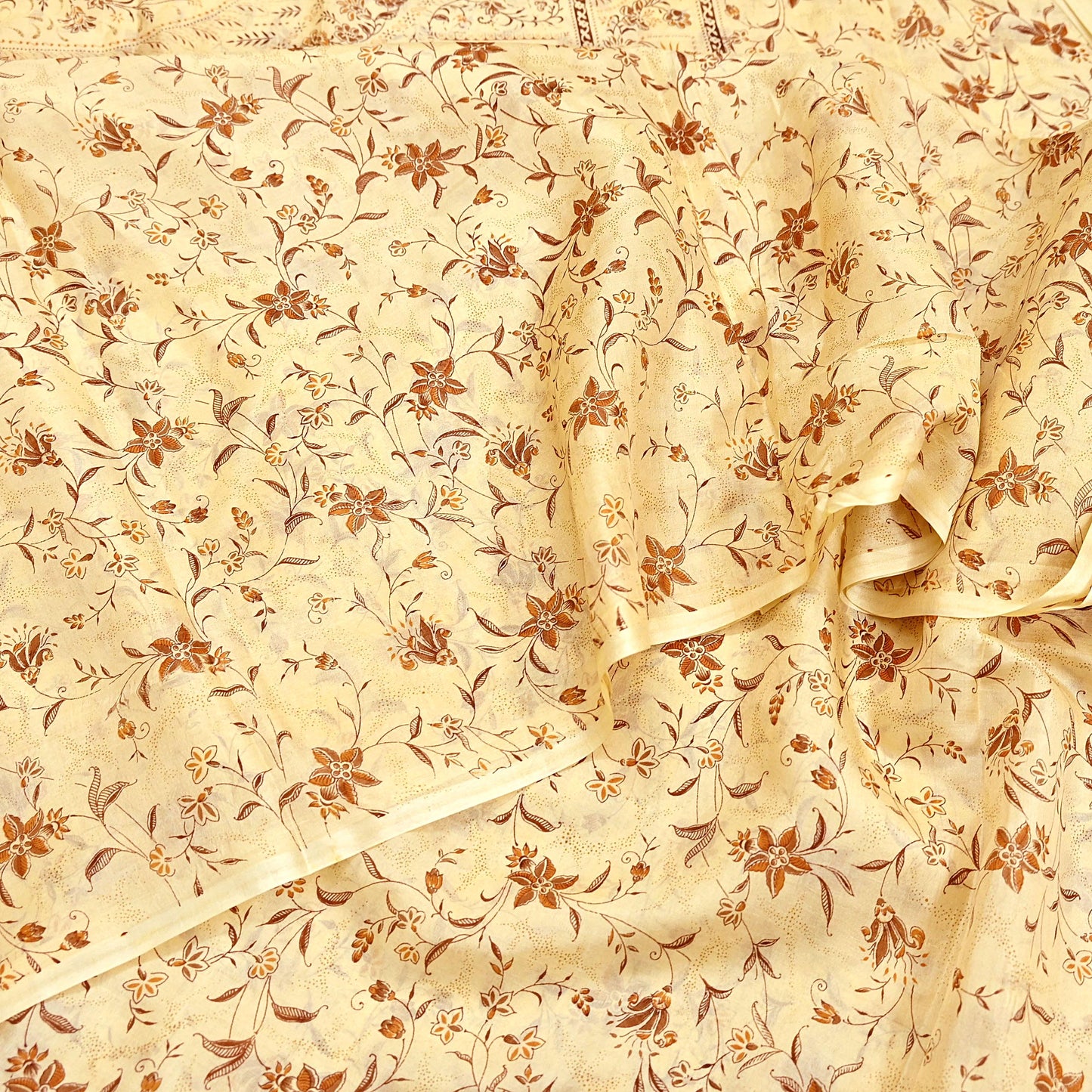 Indian Vintage Sari Ivory Pure Silk Printed Saree 5yd Sewing Paisley Craft Fabric DressMaking Soft Used Upcycled