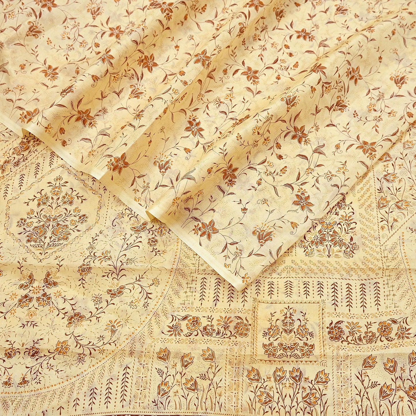 Indian Vintage Sari Ivory Pure Silk Printed Saree 5yd Sewing Paisley Craft Fabric DressMaking Soft Used Upcycled