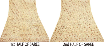 Indian Vintage Sari Ivory Pure Silk Printed Saree 5yd Sewing Paisley Craft Fabric DressMaking Soft Used Upcycled