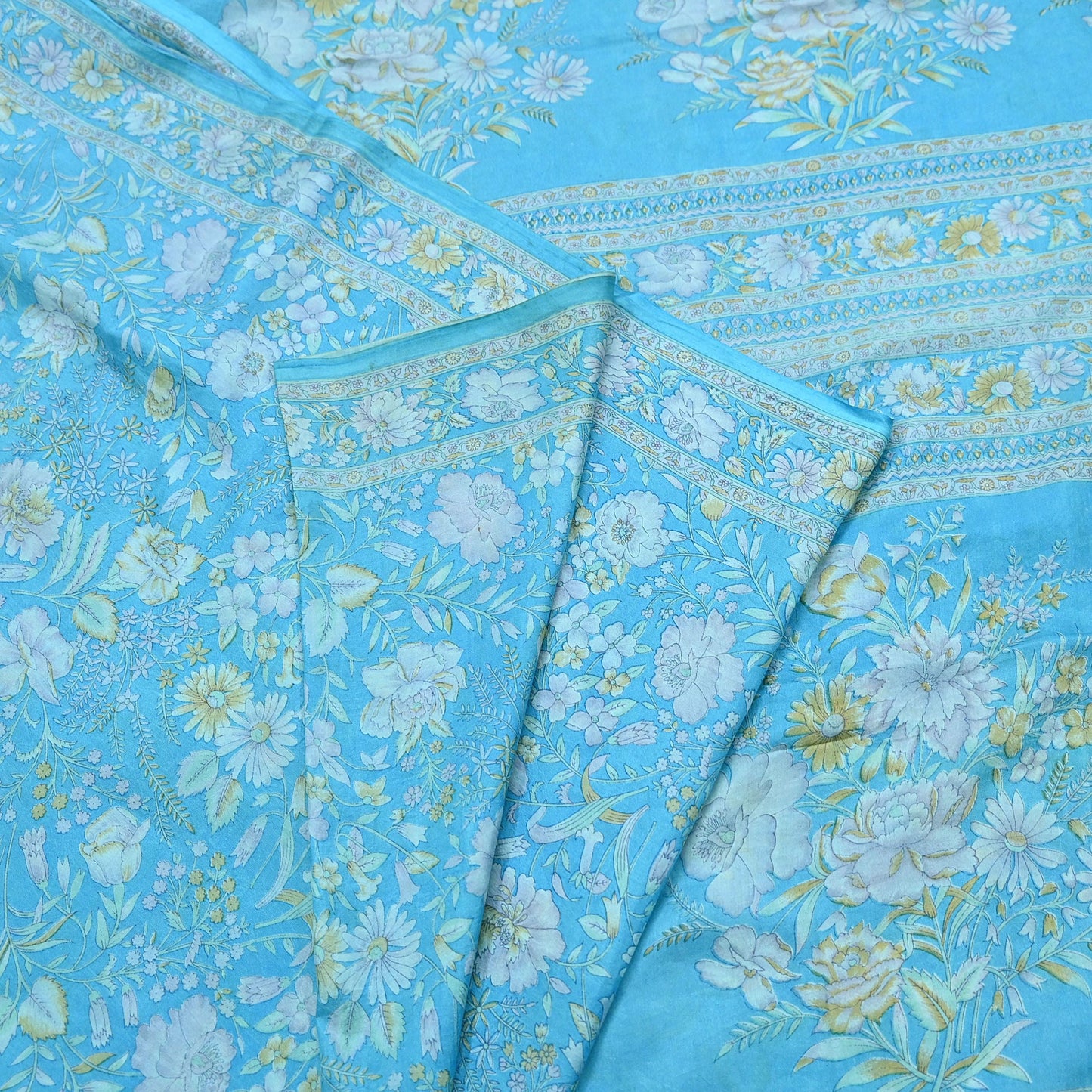 Indian Vintage Sari Blue 100% Pure Silk Printed Saree Craft Fabric 6yd Sewing Dress Making Soft Wrap Quilting Crafting Upcycle