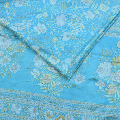 Indian Vintage Sari Blue 100% Pure Silk Printed Saree Craft Fabric 6yd Sewing Dress Making Soft Wrap Quilting Crafting Upcycle
