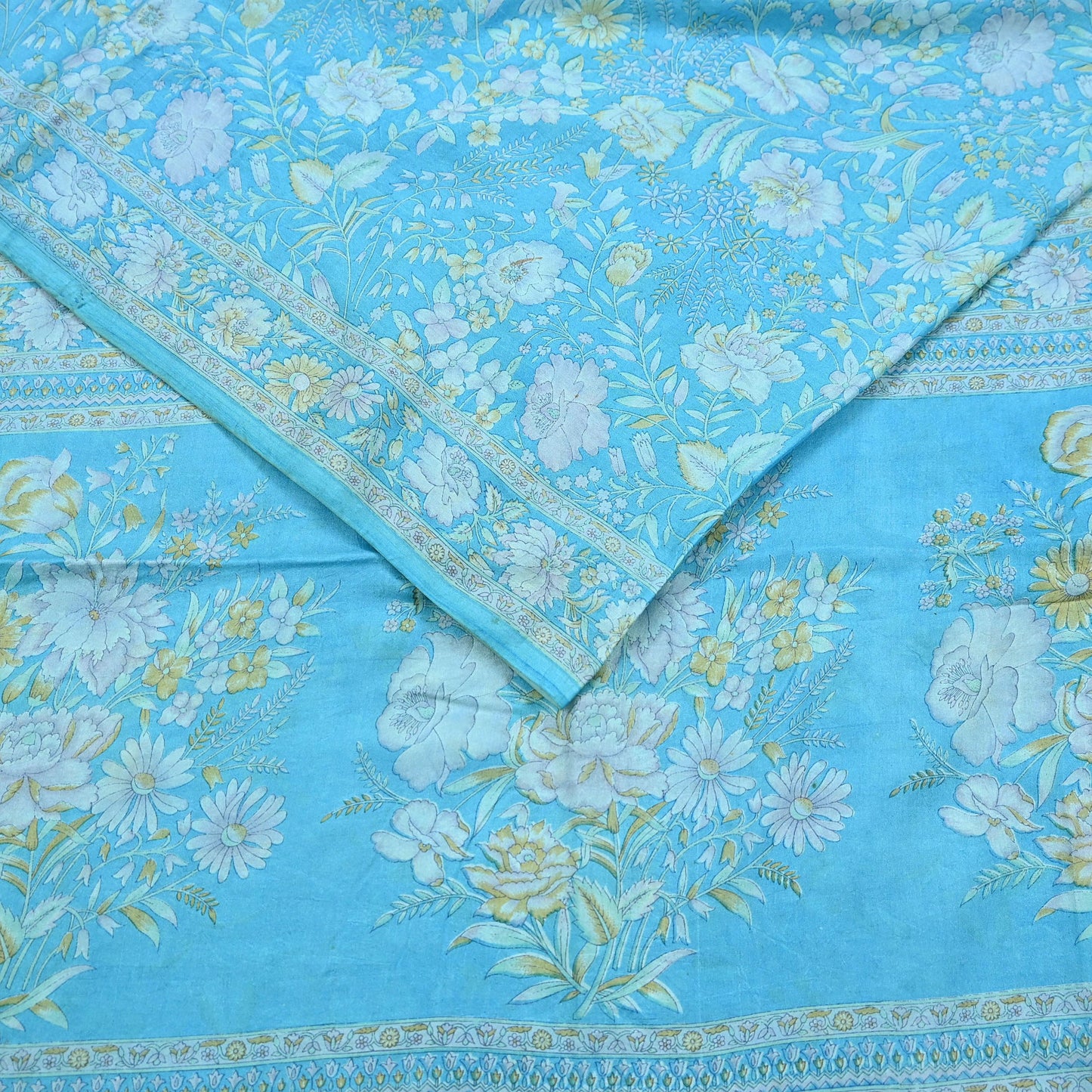 Indian Vintage Sari Blue 100% Pure Silk Printed Saree Craft Fabric 6yd Sewing Dress Making Soft Wrap Quilting Crafting Upcycle