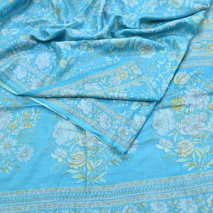 Indian Vintage Sari Blue 100% Pure Silk Printed Saree Craft Fabric 6yd Sewing Dress Making Soft Wrap Quilting Crafting Upcycle