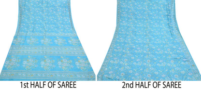 Indian Vintage Sari Blue 100% Pure Silk Printed Saree Craft Fabric 6yd Sewing Dress Making Soft Wrap Quilting Crafting Upcycle