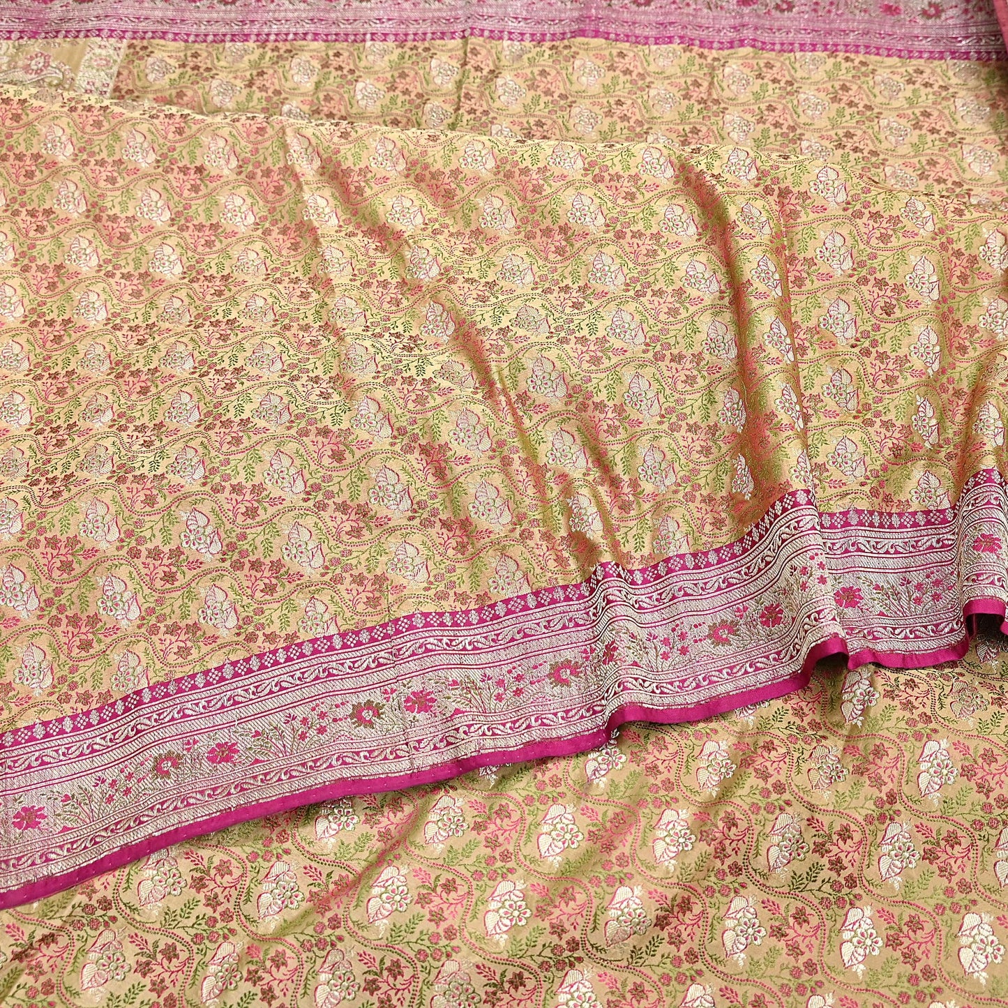 Indian Vintage Sari Beige Heavy Pure Silk Woven Banarasi Brocade Saree Fabric 5Yd Ethnic Dress making Crafting Bollywood Dress Designing