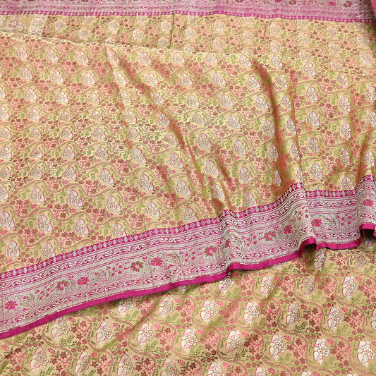 Indian Vintage Sari Beige Heavy Pure Silk Woven Banarasi Brocade Saree Fabric 5Yd Ethnic Dress making Crafting Bollywood Dress Designing