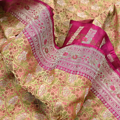 Indian Vintage Sari Beige Heavy Pure Silk Woven Banarasi Brocade Saree Fabric 5Yd Ethnic Dress making Crafting Bollywood Dress Designing