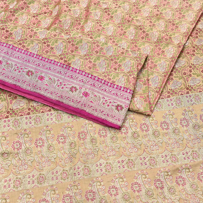 Indian Vintage Sari Beige Heavy Pure Silk Woven Banarasi Brocade Saree Fabric 5Yd Ethnic Dress making Crafting Bollywood Dress Designing