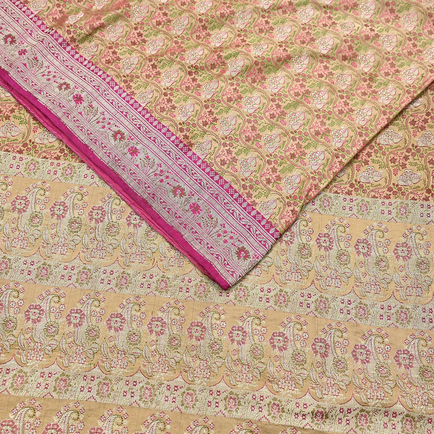 Indian Vintage Sari Beige Heavy Pure Silk Woven Banarasi Brocade Saree Fabric 5Yd Ethnic Dress making Crafting Bollywood Dress Designing
