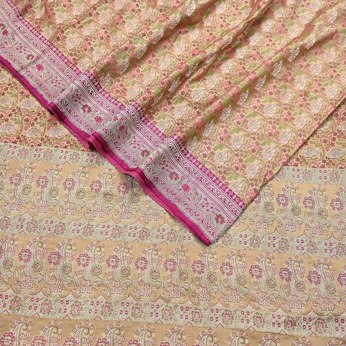 Indian Vintage Sari Beige Heavy Pure Silk Woven Banarasi Brocade Saree Fabric 5Yd Ethnic Dress making Crafting Bollywood Dress Designing