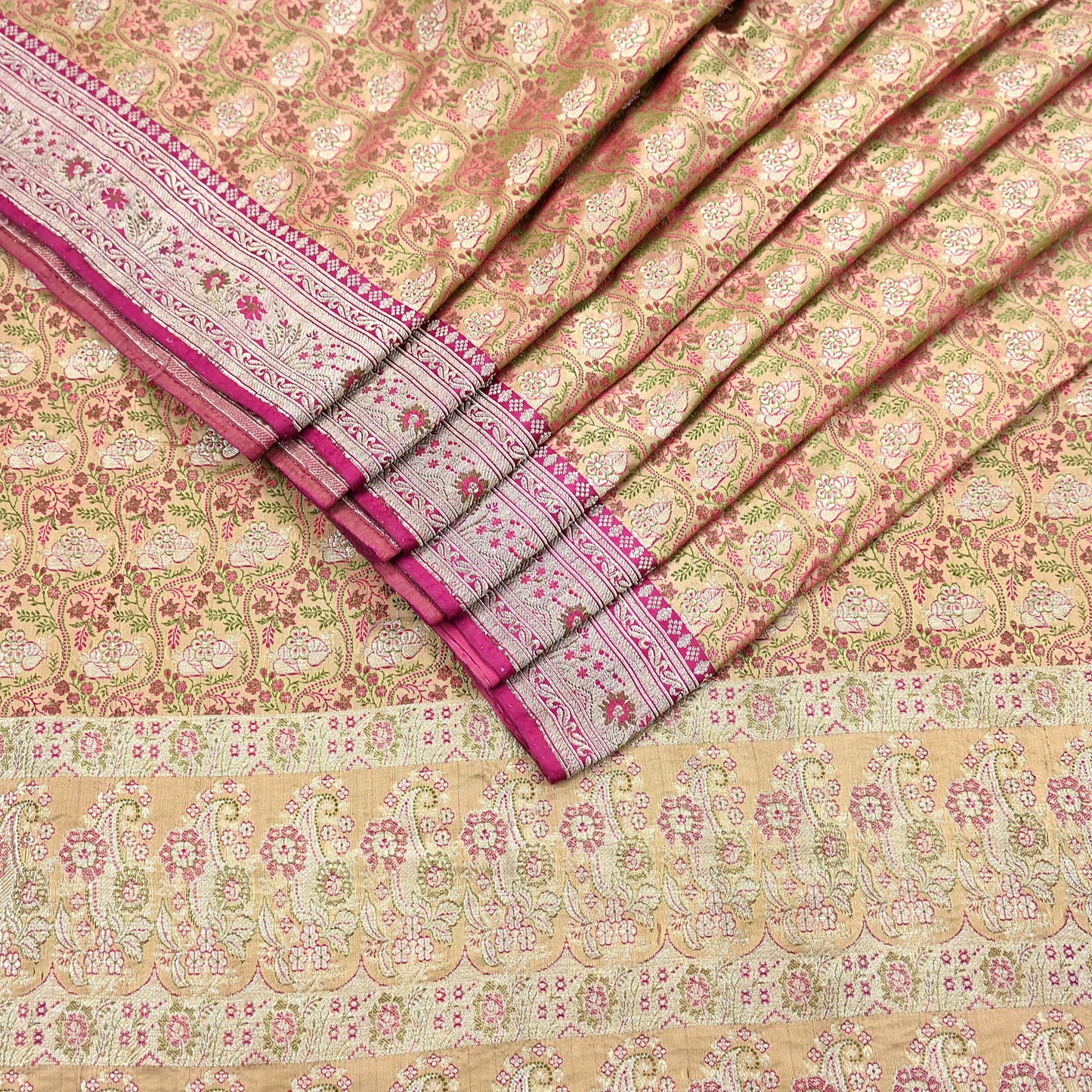 Indian Vintage Sari Beige Heavy Pure Silk Woven Banarasi Brocade Saree Fabric 5Yd Ethnic Dress making Crafting Bollywood Dress Designing