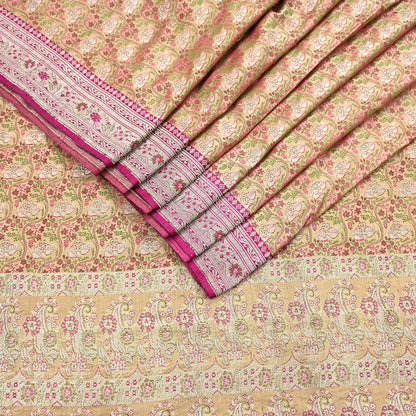 Indian Vintage Sari Beige Heavy Pure Silk Woven Banarasi Brocade Saree Fabric 5Yd Ethnic Dress making Crafting Bollywood Dress Designing