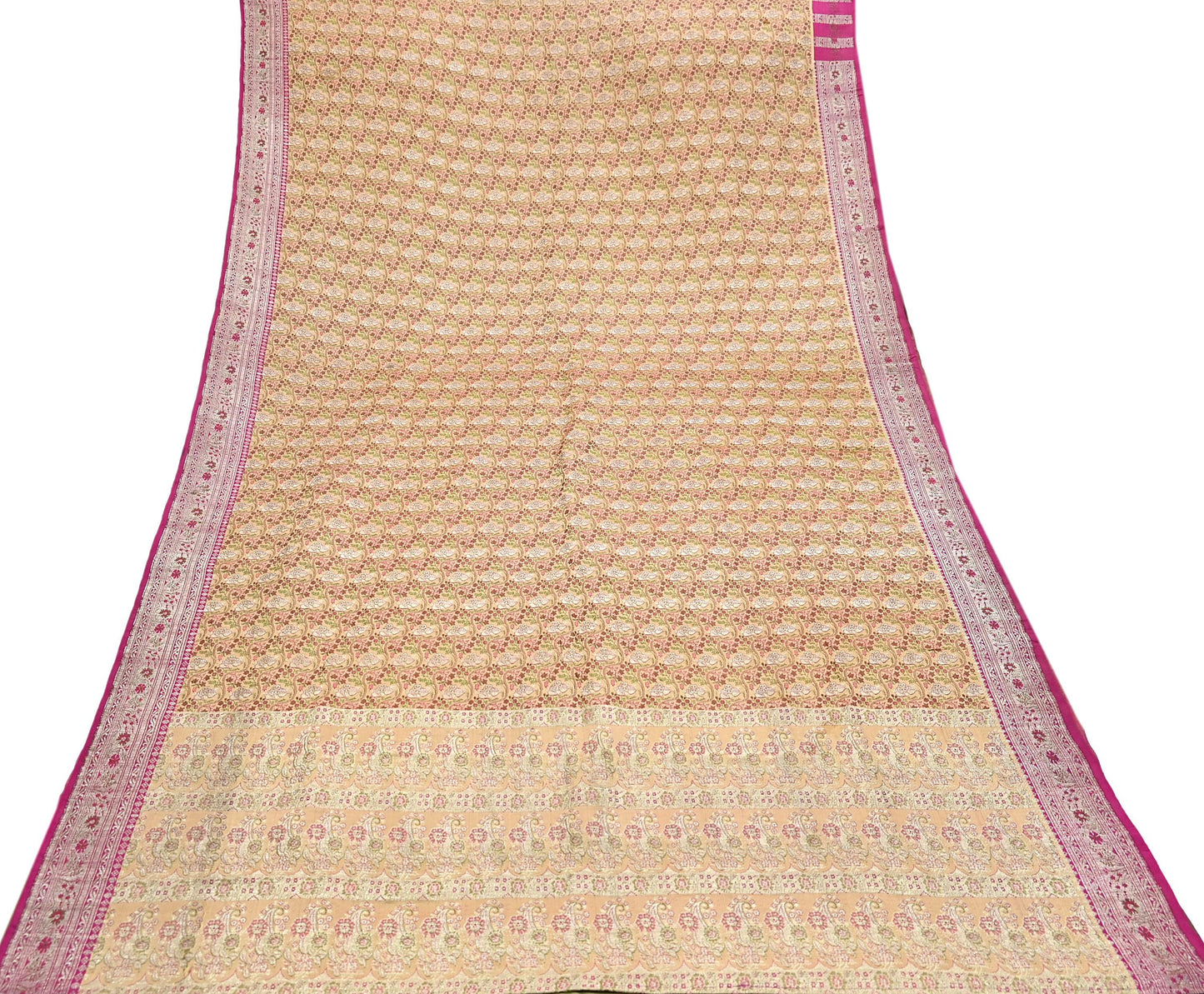 Indian Vintage Sari Beige Heavy Pure Silk Woven Banarasi Brocade Saree Fabric 5Yd Ethnic Dress making Crafting Bollywood Dress Designing