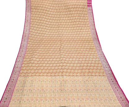 Indian Vintage Sari Beige Heavy Pure Silk Woven Banarasi Brocade Saree Fabric 5Yd Ethnic Dress making Crafting Bollywood Dress Designing