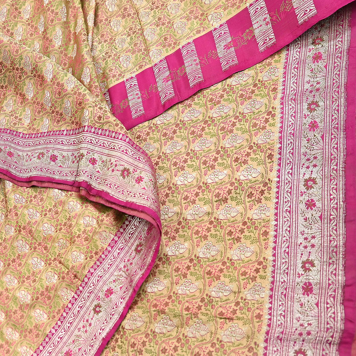 Indian Vintage Sari Beige Heavy Pure Silk Woven Banarasi Brocade Saree Fabric 5Yd Ethnic Dress making Crafting Bollywood Dress Designing