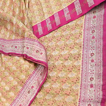 Indian Vintage Sari Beige Heavy Pure Silk Woven Banarasi Brocade Saree Fabric 5Yd Ethnic Dress making Crafting Bollywood Dress Designing