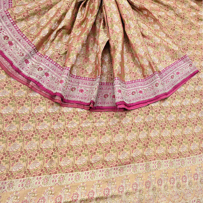Indian Vintage Sari Beige Heavy Pure Silk Woven Banarasi Brocade Saree Fabric 5Yd Ethnic Dress making Crafting Bollywood Dress Designing