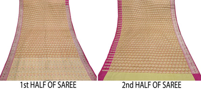 Indian Vintage Sari Beige Heavy Pure Silk Woven Banarasi Brocade Saree Fabric 5Yd Ethnic Dress making Crafting Bollywood Dress Designing