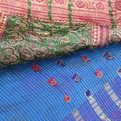 Indian Vintage Blue Heavy Wedding Sari Pure Satin Silk Woven Banarasi Tanchoi Sarees 5Yd Craft Fabric Golden Zari Ethnic Dress Making