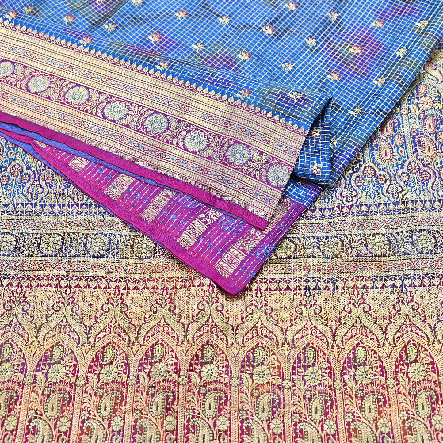 Indian Vintage Blue Heavy Wedding Sari Pure Satin Silk Woven Banarasi Tanchoi Sarees 5Yd Craft Fabric Golden Zari Ethnic Dress Making