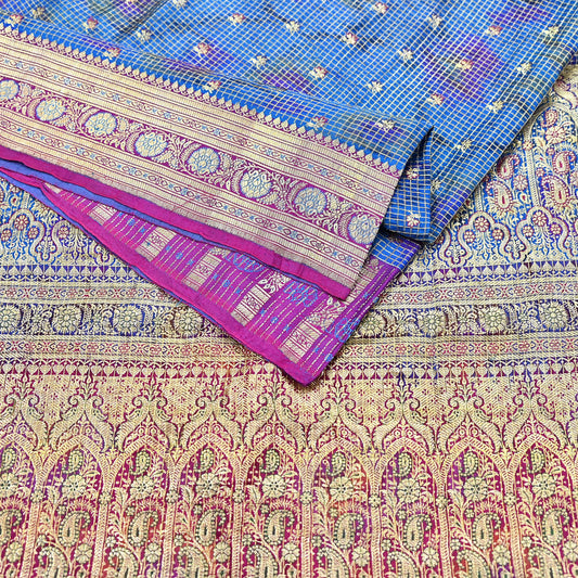 Indian Vintage Blue Heavy Wedding Sari Pure Satin Silk Woven Banarasi Tanchoi Sarees 5Yd Craft Fabric Golden Zari Ethnic Dress Making