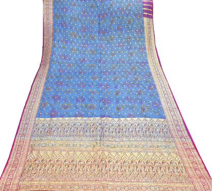 Indian Vintage Blue Heavy Wedding Sari Pure Satin Silk Woven Banarasi Tanchoi Sarees 5Yd Craft Fabric Golden Zari Ethnic Dress Making