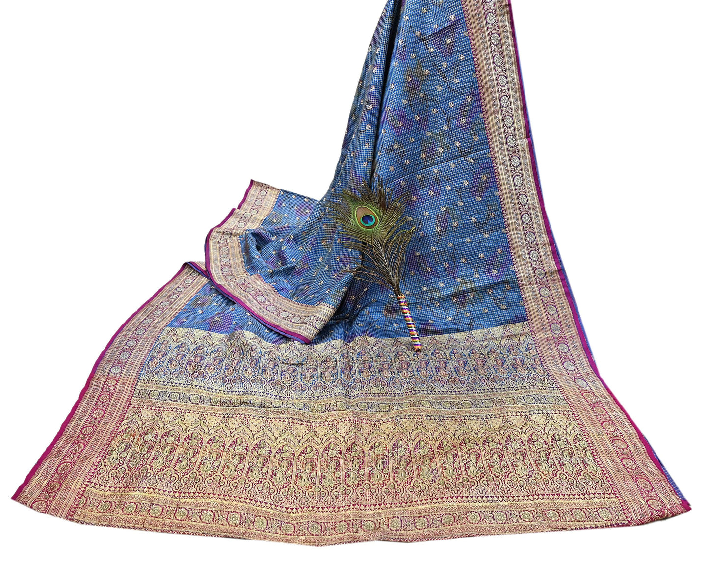 Indian Vintage Blue Heavy Wedding Sari Pure Satin Silk Woven Banarasi Tanchoi Sarees 5Yd Craft Fabric Golden Zari Ethnic Dress Making