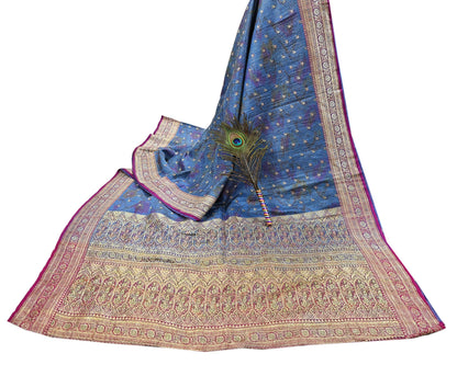 Indian Vintage Blue Heavy Wedding Sari Pure Satin Silk Woven Banarasi Tanchoi Sarees 5Yd Craft Fabric Golden Zari Ethnic Dress Making
