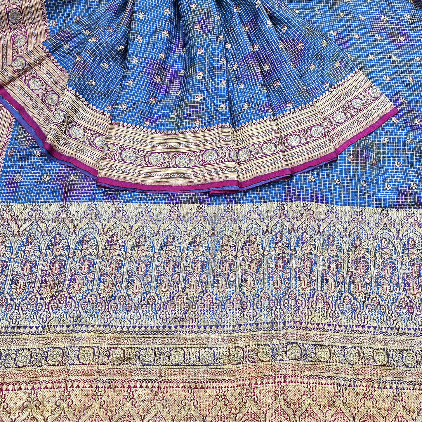 Indian Vintage Blue Heavy Wedding Sari Pure Satin Silk Woven Banarasi Tanchoi Sarees 5Yd Craft Fabric Golden Zari Ethnic Dress Making