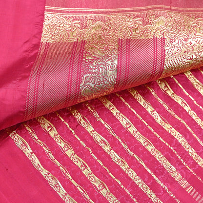 Indian Vintage Sari Heavy Wedding Pure Satin Silk Pink saree Banarasi Brocade Saree Golden Zari 5Yard Fabric Ethnic Dressmaking