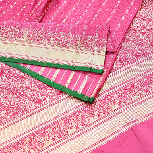Indian Vintage Sari Heavy Wedding Pure Satin Silk Pink saree Banarasi Brocade Saree Golden Zari 5Yard Fabric Ethnic Dressmaking