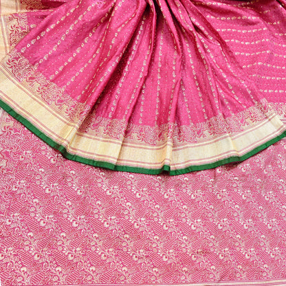 Indian Vintage Sari Heavy Wedding Pure Satin Silk Pink saree Banarasi Brocade Saree Golden Zari 5Yard Fabric Ethnic Dressmaking