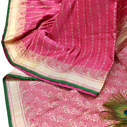Indian Vintage Sari Heavy Wedding Pure Satin Silk Pink saree Banarasi Brocade Saree Golden Zari 5Yard Fabric Ethnic Dressmaking