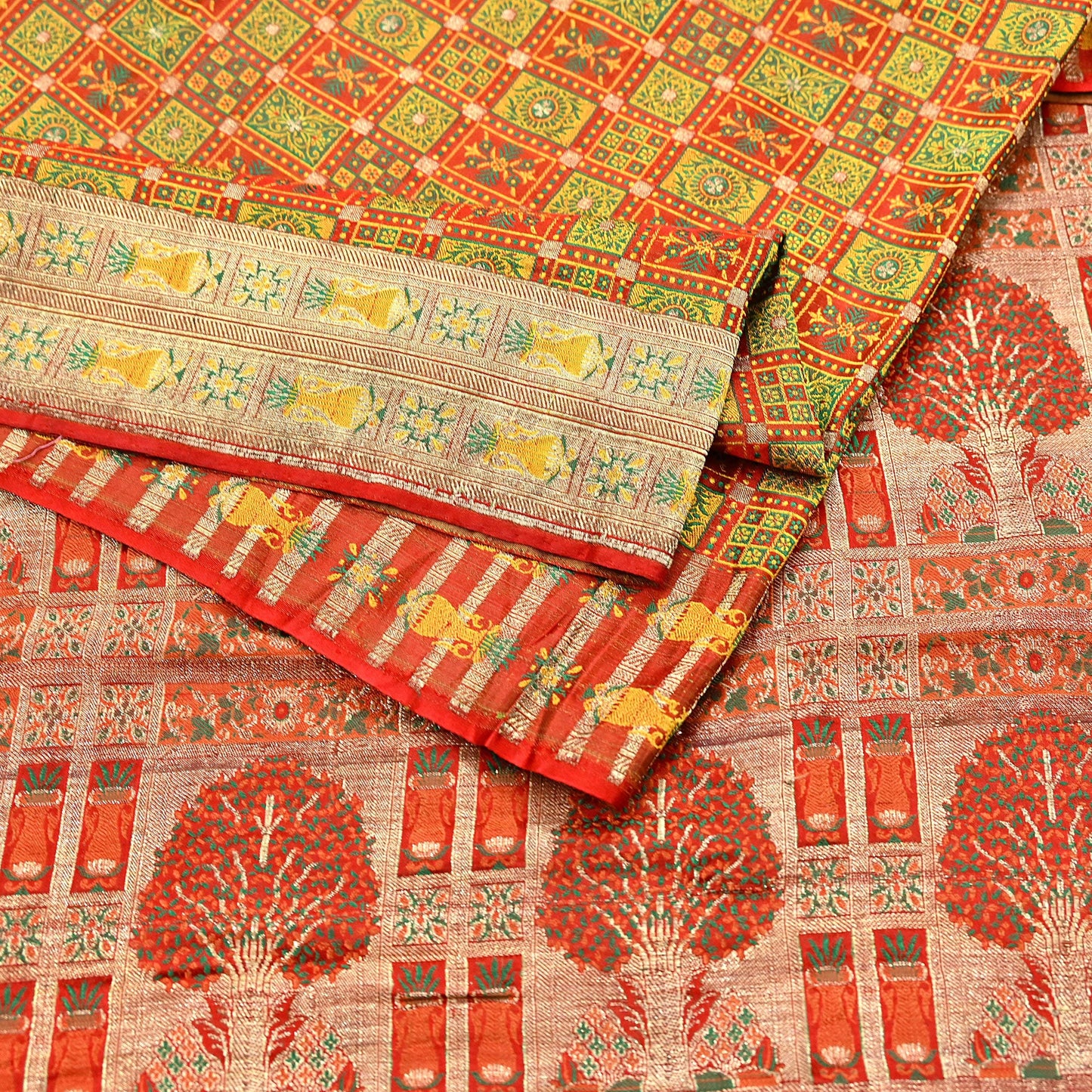 Indian Vintage Heavy Sari Orange Pure Satin Silk Woven Tanchoi Sarees 5Yd Craft Fabric Soft Wedding Sarees Upcycle For Crafting Used