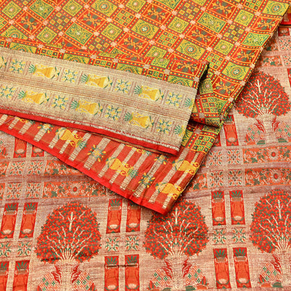 Indian Vintage Heavy Sari Orange Pure Satin Silk Woven Tanchoi Sarees 5Yd Craft Fabric Soft Wedding Sarees Upcycle For Crafting Used